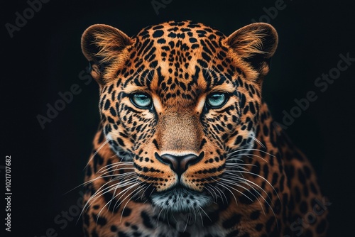 A detailed close-up view of a leopard laying on a black background photo