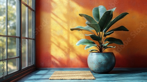 A large green potted plant sits on a wooden floor in front of a terracotta wall. Sunlight streams in through a large window in the corner, casting a warm glow on the scene. photo