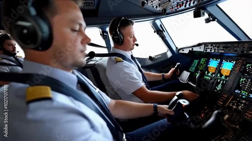 Flight Deck of modern passenger jet aircraft. Pilots at work. Cloudy sky and sunset view from the airplane cockpit