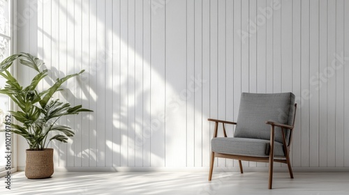 Modern Scandinavian Living Room Interior with Gray Armchair and Green Accents on Cream Slat Background