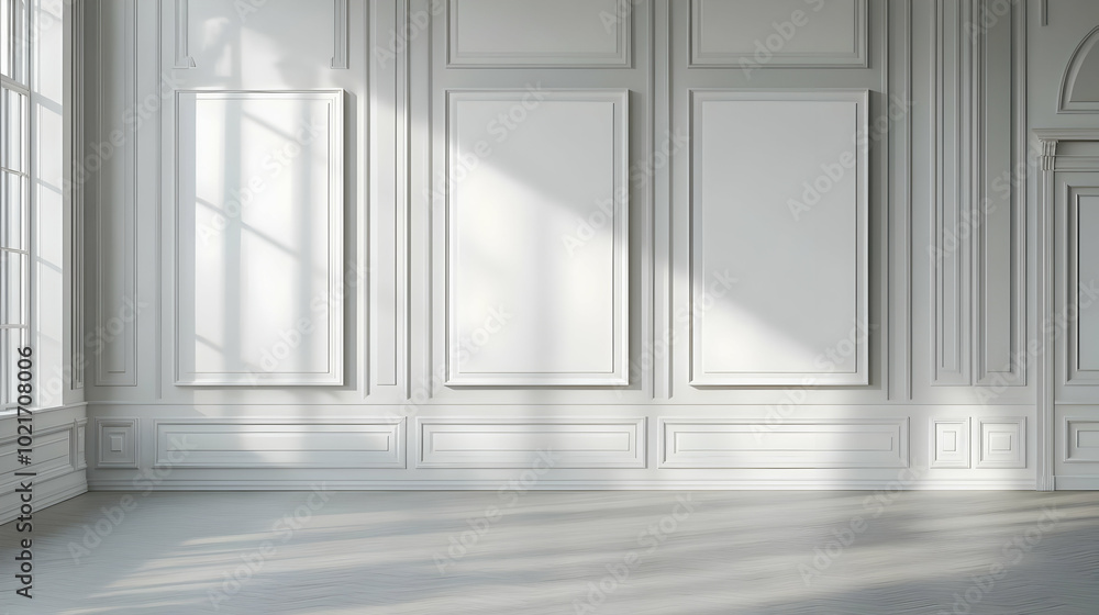 Fototapeta premium White Wall with Classic Molding and Sunlight - 3D Illustration