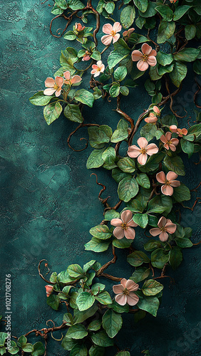 Abstract Floral Border Background with Green Vines and Pink Flowers for Wallart and Wallpaper Design