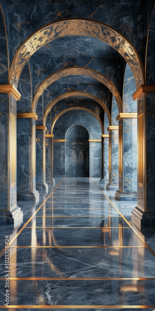 Obraz premium Royal Blue Marble Hallway with Golden Accents