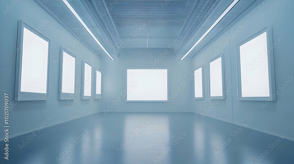 Empty Gallery Room with White Frames Illustration Empty Gallery Room with White Frames Illustration