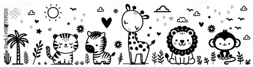 playful cartoon jungle animals and nature scene for kids in black vector