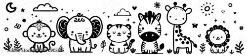 adorable safari animals with hearts and plants in black vector illustration