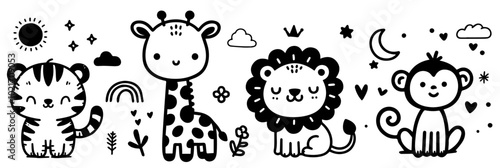 cute cartoon jungle animals with flowers and nature elements in black vector