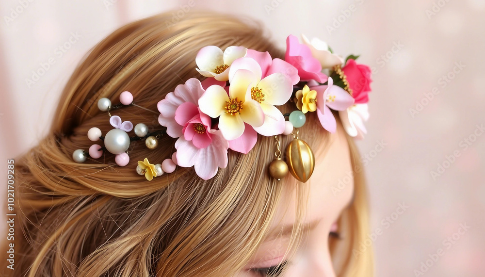 Naklejka premium Detailed back view of a woman's head adorned with a floral hairpiece featuring decorative beads and skull charms, capturing a blend of beauty and edgy style.