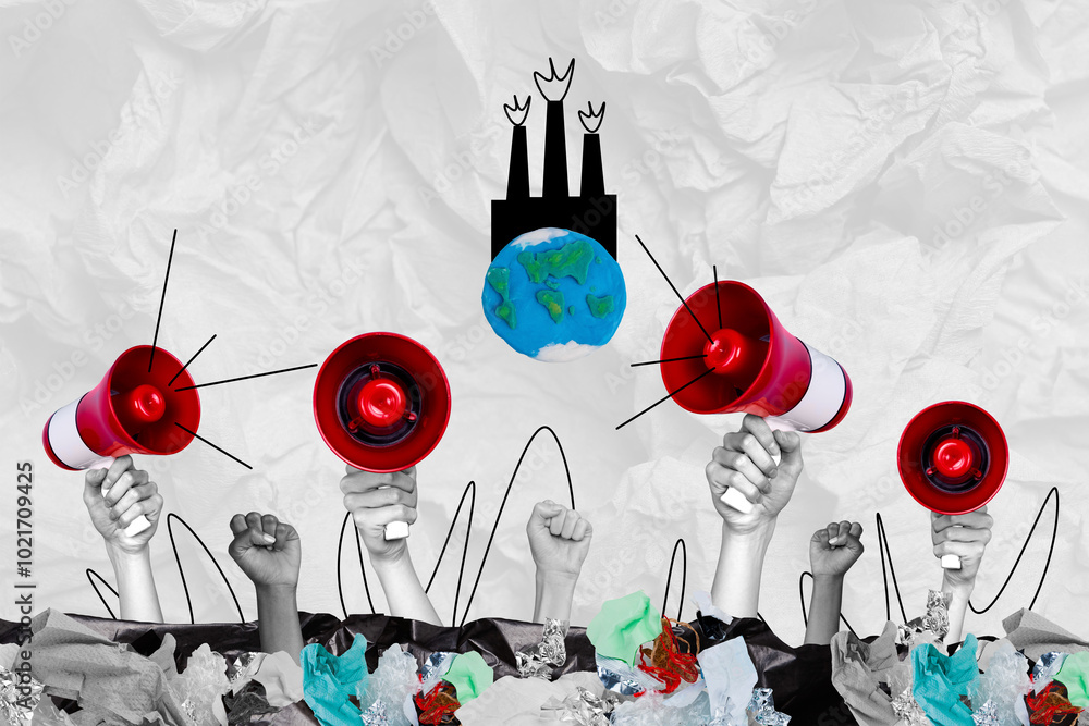 Obraz premium Trend artwork sketch image collage of ecological change garbage trash ecosystem nature pollution crowd union hands hold megaphone protest