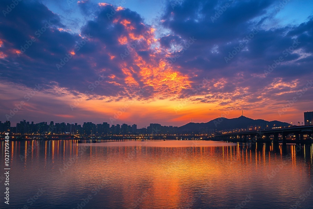 Obraz premium a beautiful sunset over a body of water