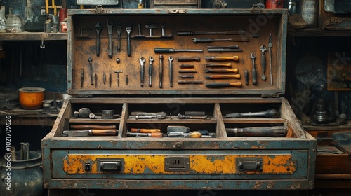 An old, weathered wooden toolbox with a variety of tools inside.  The tools are organized and neatly arranged, and the box is slightly open. photo