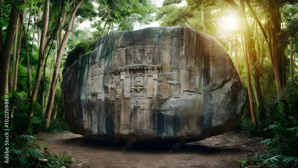 Ancient carved boulder in a dense jungle with sunlight filtering through Ancient carved boulder in a dense jungle with sunlight filtering through