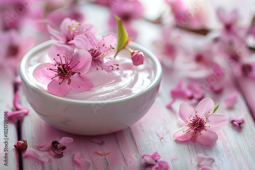 Bowl full of pink moisturizer cream is sitting on a pink wooden table and is surrounded by pink flowers