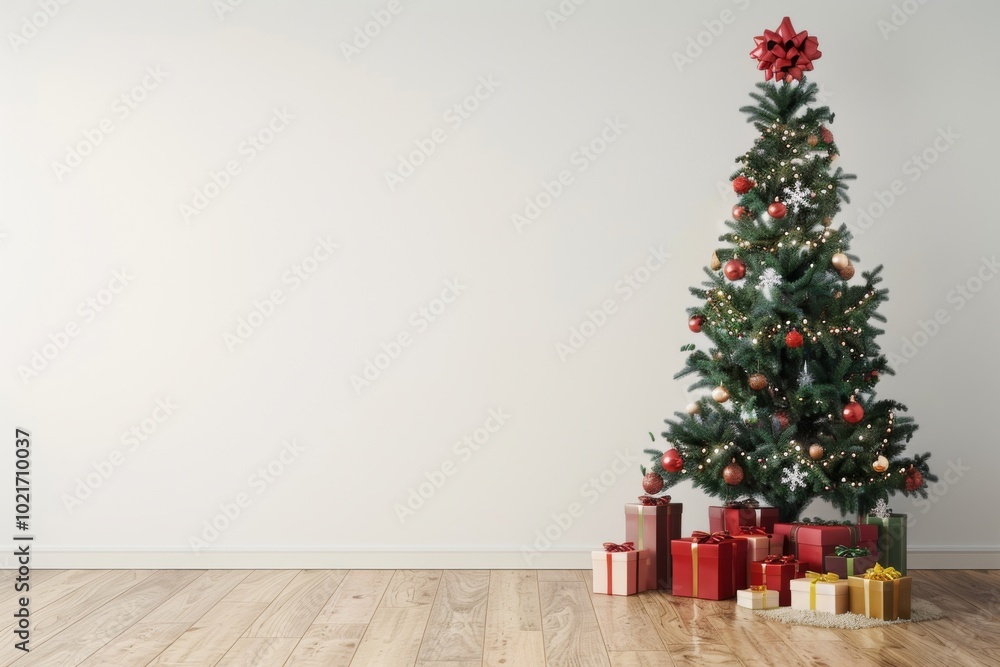 A beautifully decorated minimalistic living room with a Christmas tree and colorful presents creates a festive and joyful atmosphere for the holidays. The space is filled with cheer, joy, and warmth A beautifully decorated minimalistic living room with a Christmas tree and colorful presents creates a festive and joyful atmosphere for the holidays. The space is filled with cheer, joy, and warmth
