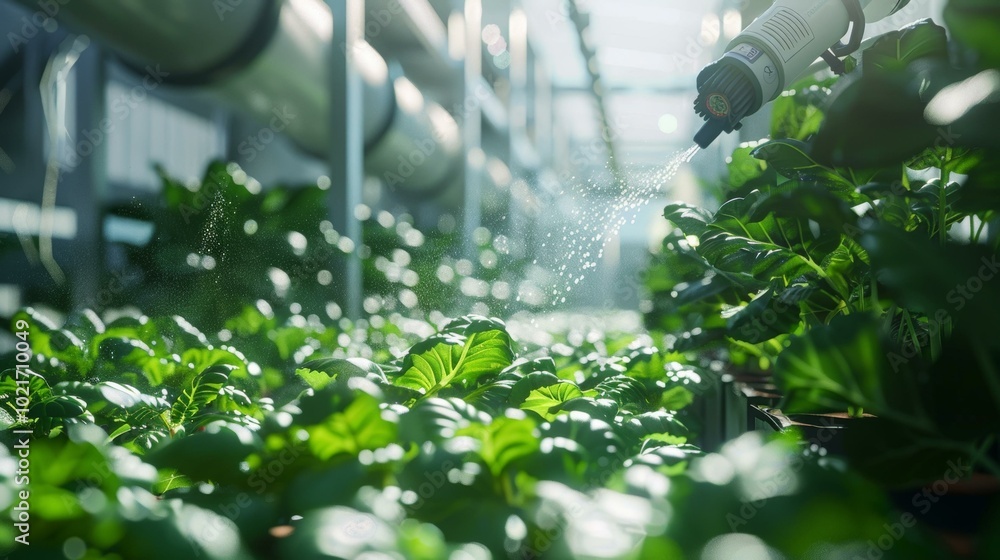 Automated greenhouse with robotic arm spraying water on the plants Automated greenhouse with robotic arm spraying water on the plants