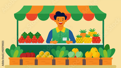 Vividly colored fruits and vegetables arranged in neat rows at a produce stall with the vendor shouting out prices to attract customers.