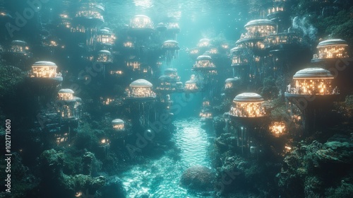 Underwater city with glowing buildings and a narrow waterway in the center.