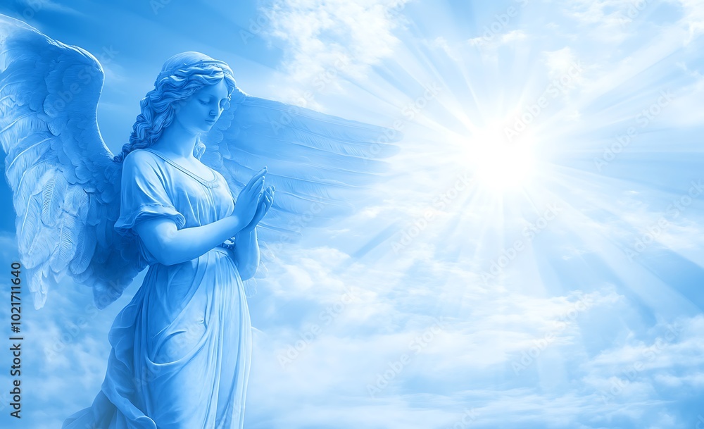 Obraz premium A blue angel with wings and a crown is standing in front of a blue sky. angel is surrounded by a bright light, which gives the image a sense of hope and positivity. heavenly concept. Blue background