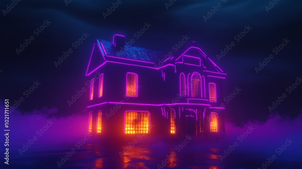 Spooky Haunted House at Night with Neon Windows, Halloween Atmosphere Generative AI Spooky Haunted House at Night with Neon Windows, Halloween Atmosphere Generative AI