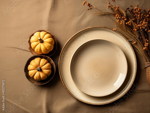 lat lay composition of autumn harvest pottery and copy space. Rustic stoneware with fall decor. neutral plate on neutral background with pumpkins and herbs. Wabi sabi potteryn. Food blog concept photo