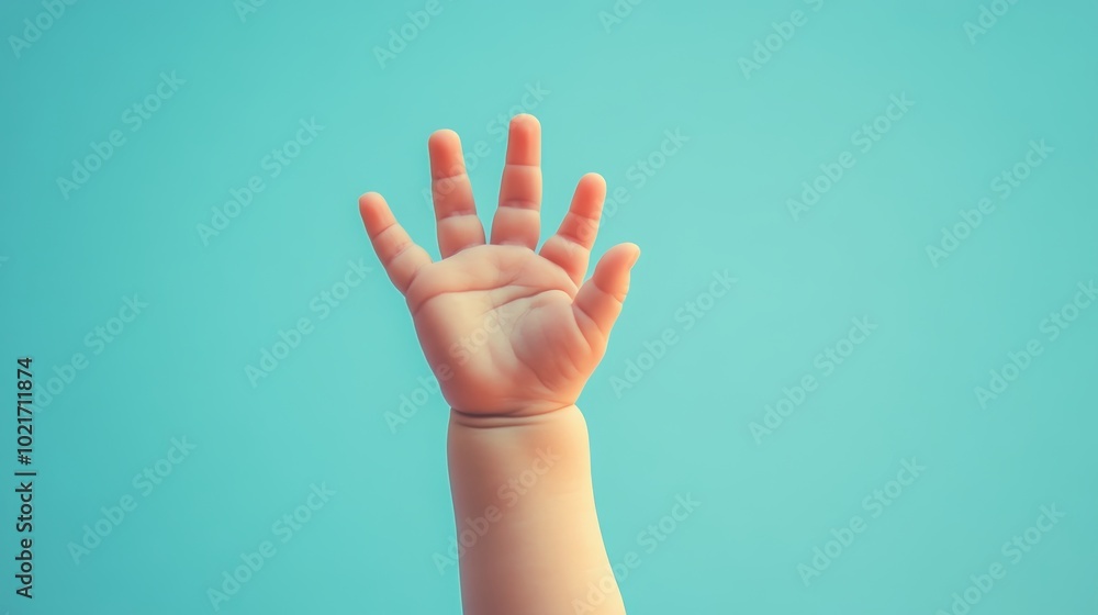 Innocent Baby Hand Reaching Up Towards the Sky on a Soft Blue Background, Symbolizing Curiosity and Wonder Generative AI Innocent Baby Hand Reaching Up Towards the Sky on a Soft Blue Background, Symbolizing Curiosity and Wonder Generative AI