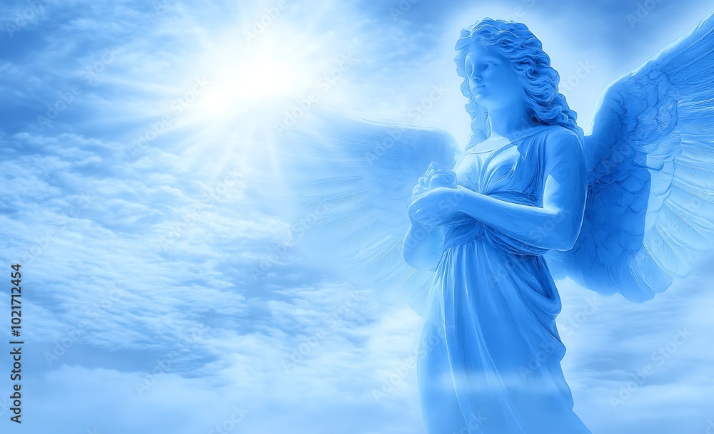 Naklejka premium A blue angel with wings and a crown is standing in front of a blue sky. angel is surrounded by a bright light, which gives the image a sense of hope and positivity. heavenly concept. Blue background