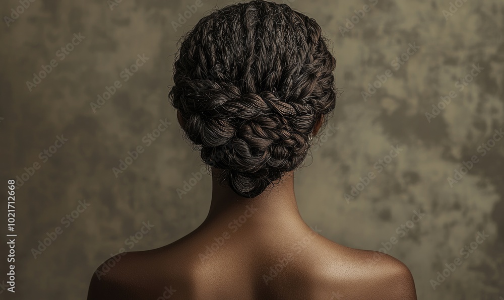 A woman with a braided hairstyle is shown with her back to the camera A woman with a braided hairstyle is shown with her back to the camera