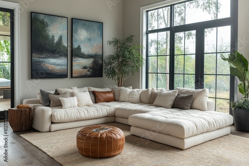 Modern living room interior with a large sectional sofa, a large area rug, and two framed landscape paintings on the wall.