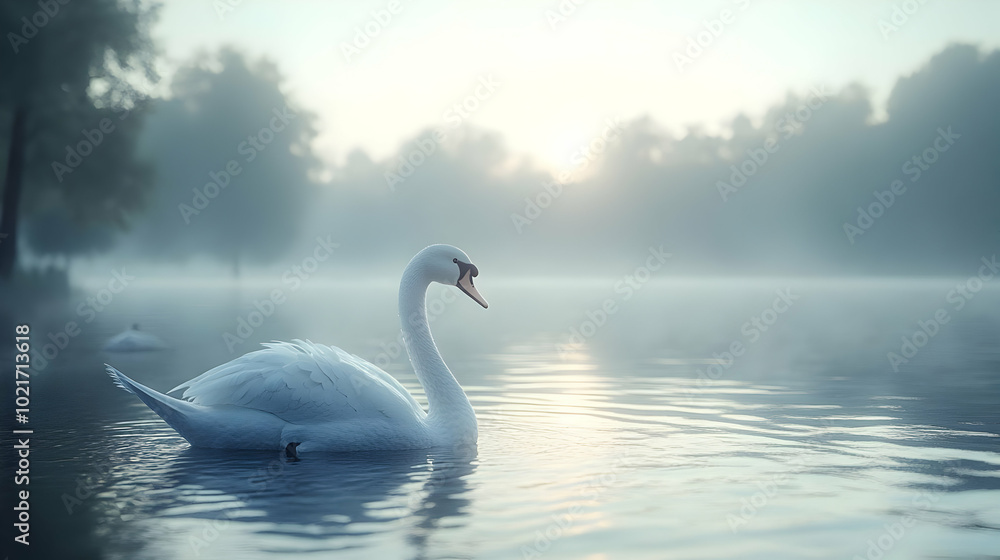 White Swan in Misty Morning Lake - Realistic Photo White Swan in Misty Morning Lake - Realistic Photo