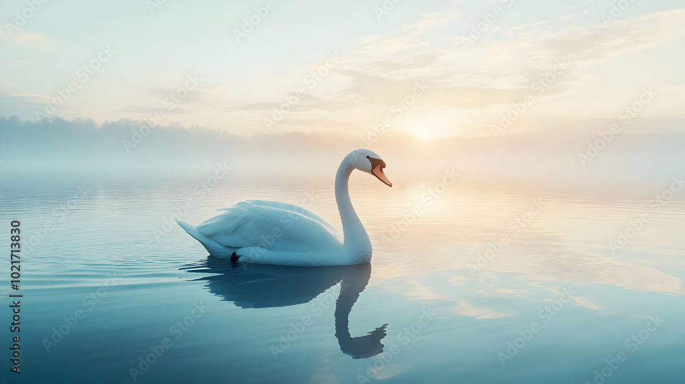 White Swan on Calm Lake at Sunrise - Realistic Photo White Swan on Calm Lake at Sunrise - Realistic Photo