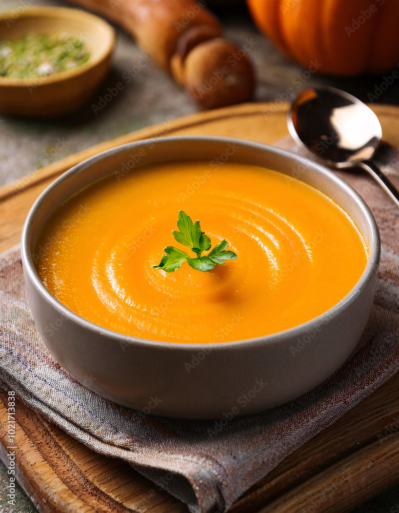 Vibrant orange soup in a bowl with a spoon, garnished with parsley Vibrant orange soup in a bowl with a spoon, garnished with parsley