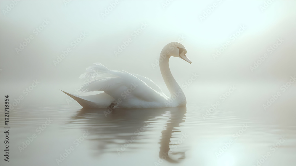 Obraz premium White Swan in Misty Lake - Illustration