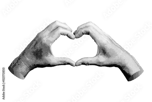 heart sign, hand gesture of love. Halftone style vector isolated on white background.
