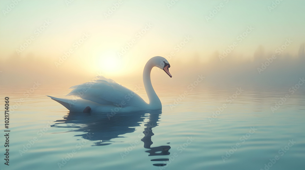 White Swan on a Misty Lake at Sunrise - 3D Illustration White Swan on a Misty Lake at Sunrise - 3D Illustration