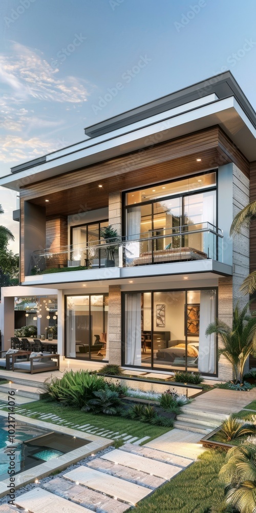 Fototapeta premium Modern Two-Story House Exterior Design Illustration