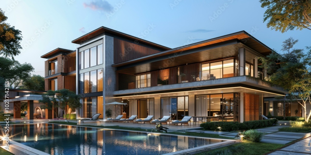 Modern Mansion Exterior with Pool and Landscaping Modern Mansion Exterior with Pool and Landscaping