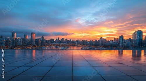 Empty square floor with modern city buildings scenery at sunset. Urban sunset with modern buildings and empty square floor.