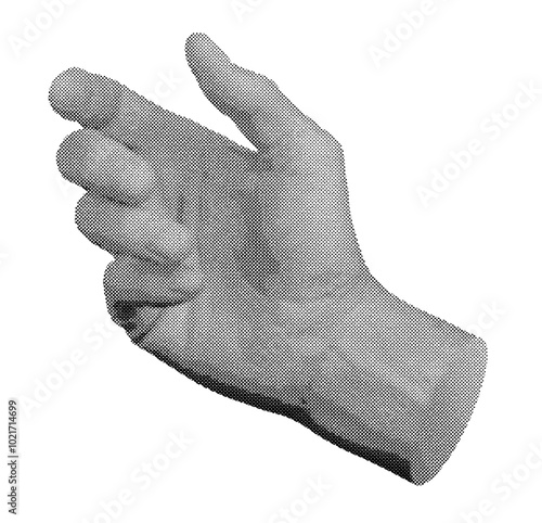 hand hold something, presenting, showing, grabbing. Halftone style vector isolated on white background.
