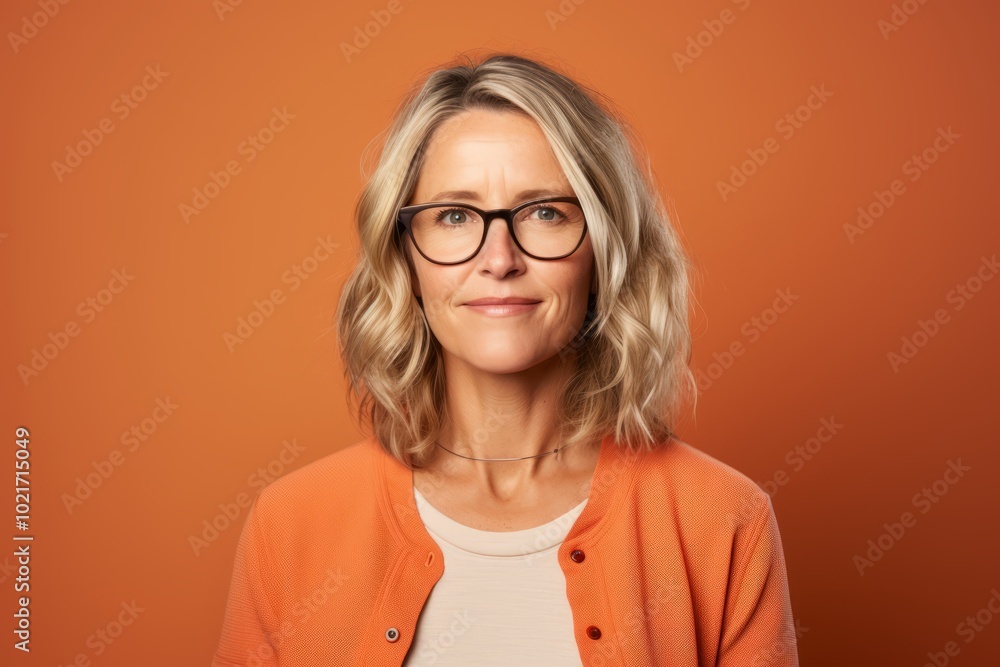 Portrait of middle aged woman with glasses. Studio shot over orange background. Portrait of middle aged woman with glasses. Studio shot over orange background.