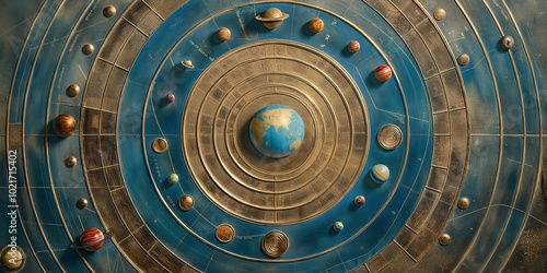 Creative illustration of an ancient geocentric model showcasing Earth at the center, surrounded by detailed planetary orbits and celestial bodies.