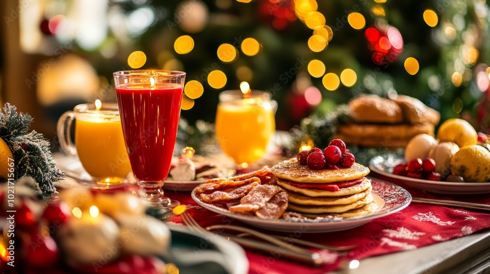 Festive breakfast spread with pancakes, bacon, and juices on a table decorated for Christmas in warm holiday ambiance Festive breakfast spread with pancakes, bacon, and juices on a table decorated for Christmas in warm holiday ambiance