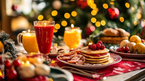 Festive breakfast spread with pancakes, bacon, and juices on a table decorated for Christmas in warm holiday ambiance