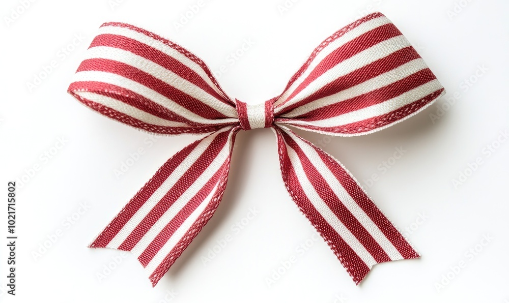 A red and white ribbon bow is shown on a white background A red and white ribbon bow is shown on a white background