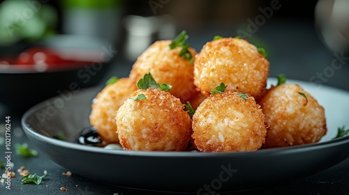 A plate of crispy fried rice balls with parsley garnish, served with ketchup and soy sauce.