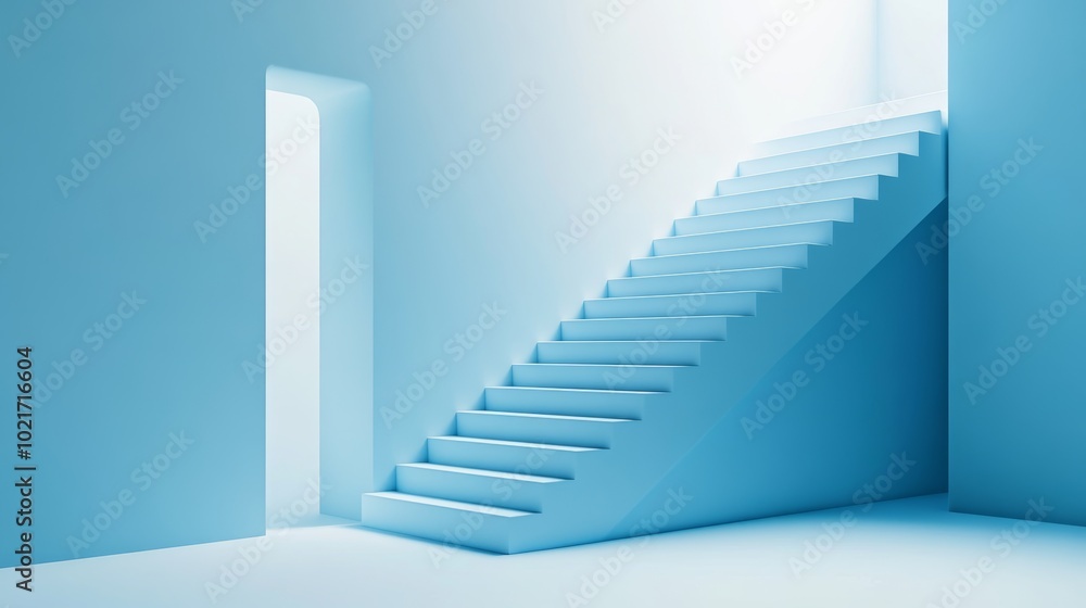 Fototapeta premium Minimalist Staircase on Soft Blue Background for Text Overlay, Ideal for Inspirational Quotes or Poems Generative AI