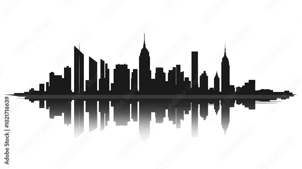 Black and white vector illustration of the New York City skyline, on a white background, with a minimalistic design featuring clean lines and a simple drawing style Black and white vector illustration of the New York City skyline, on a white background, with a minimalistic design featuring clean lines and a simple drawing style