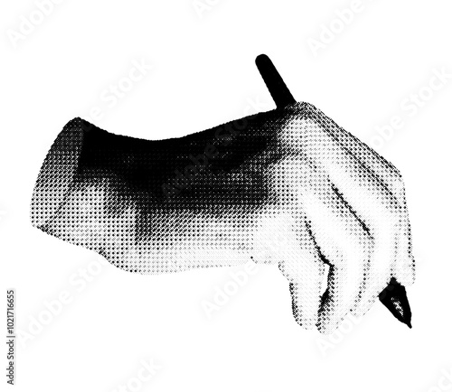 hand holding pen writing, signing, drawing. Halftone style vector isolated on white background.