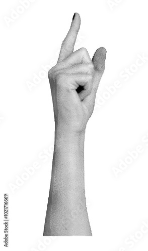 finger pointing up indicating. Halftone style vector isolated on white background.