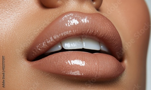 A woman's lips are painted with a shiny, glittery lip gloss photo