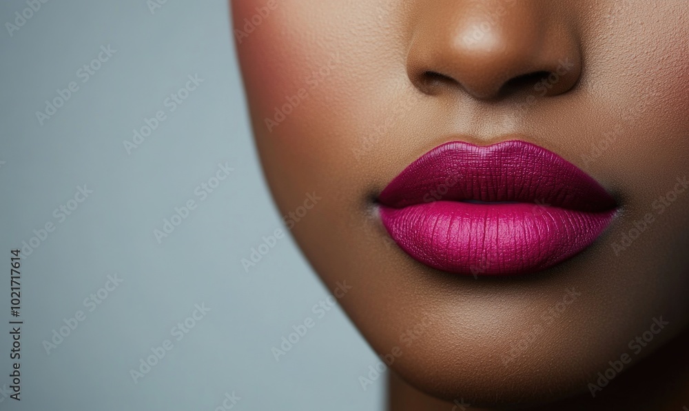 A woman with a bright pink lip color A woman with a bright pink lip color